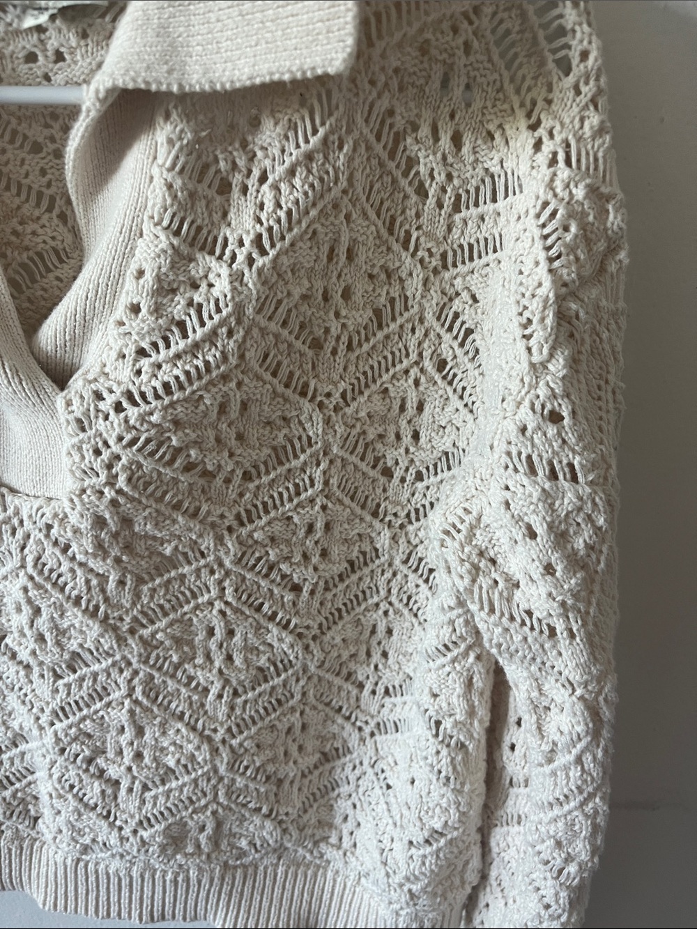 Open-Knit V-Neck Polo Sweater in Cream See-Through - Picture 4 of 8